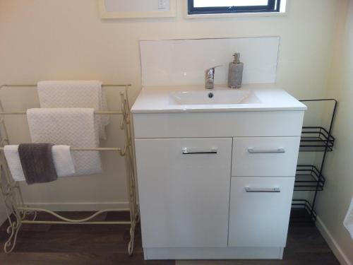 a bathroom with a white sink and a towel rack at Chris and Dave's B & B in Otorohanga