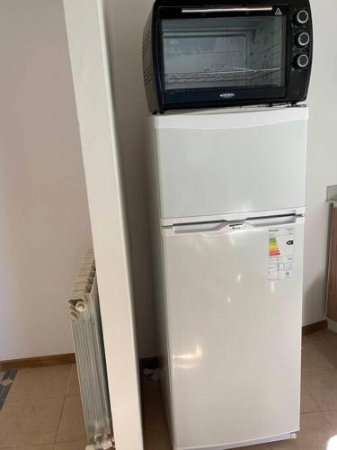 a microwave sitting on top of a refrigerator at Villa Entre Fresnos in Ciudad Lujan de Cuyo