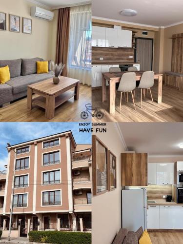 two pictures of a living room and a apartment at Апартаменти Bella Deluxe in Ravda