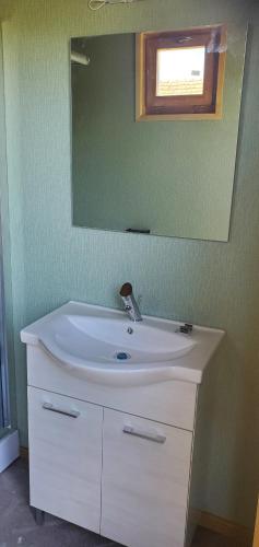 a bathroom with a white sink and a mirror at Tiszaglamping, the belgian hideaway in Tiszacsege