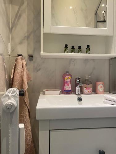 a bathroom with a white sink and a mirror at Mirela's Private Room with key, AC, lift & balcony in the center of Nice on the Cote d'Azur in Nice