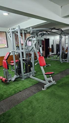 a gym with a treadmill and chairs on grass at Hotel del Valle Azapa in Arica