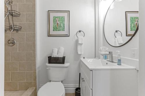 a bathroom with a toilet and a sink and a mirror at Housepitality - The Short North Getaway in Columbus