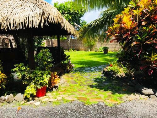 a garden with a grass umbrella and some plants at Fare D'hôtes Tutehau in Papeete