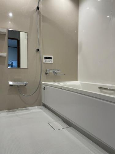 een badkamer met een douche, een wastafel en een spiegel bij yadorigi（ヤドリギ） in Ikeda