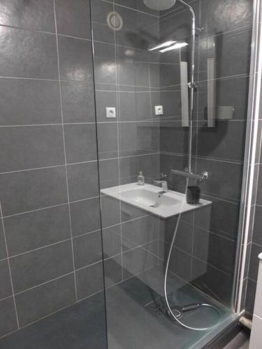 une salle de bain avec une douche avec un lavabo et un miroir dans l'établissement superbe studio MIRAMAR plein sud, pieds dans l'eau, à Biarritz