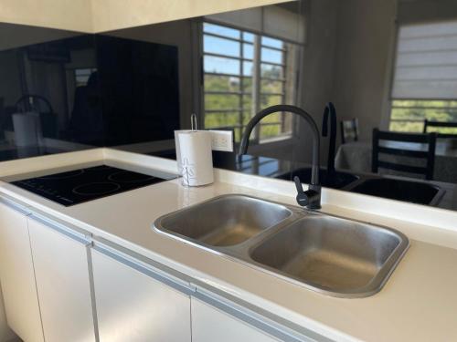 un comptoir de cuisine avec un évier et une cuisinière dans l'établissement Las Pirquitas Villa Giardino, à Huerta Grande