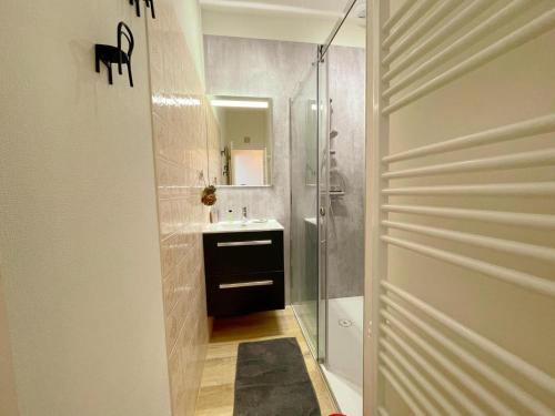 a bathroom with a shower and a sink and a mirror at Gîte Loches, 3 pièces, 3 personnes - FR-1-381-572 in Loches
