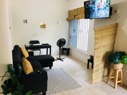 ein Wohnzimmer mit einem Sofa und einem Flachbild-TV in der Unterkunft Casa zona arqueologica,cerca de ruinas, zoológico y cascadas con lavadora in Palenque