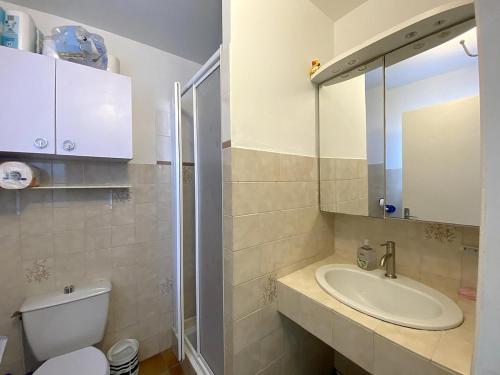 une salle de bain avec un lavabo, des toilettes et un miroir dans l'établissement Maison cosy près de la plage de Kerfontaine, idéale pour 3 personnes avec jardin et parking - FR-1-639-113, à Sarzeau