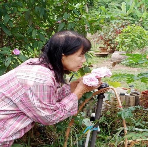 a woman holding a flower in a garden at Papa Camping Home and Bungalows in Thalang