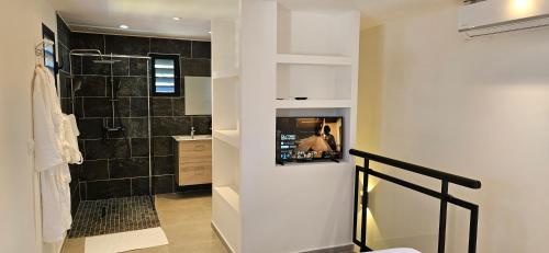 uma casa de banho com uma cabina de duche ao nível do chão ao lado de um WC em Paradise City Break em Saint-Pierre