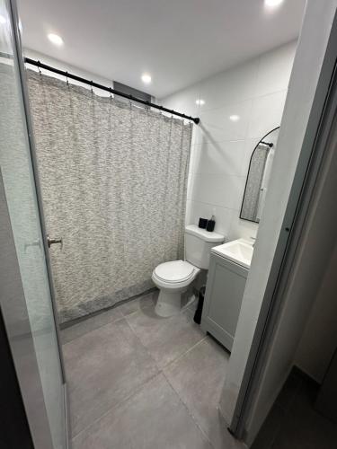 サンファンにあるOasis 460 - San Juan - La Placita - Beachesのシャワー、トイレ、洗面台を備えたバスルーム