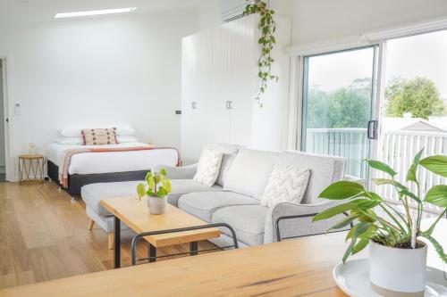 ein Wohnzimmer mit einem Sofa und einem Bett in der Unterkunft Charming Highton Hideaway between CBD and Surf Coast in Geelong