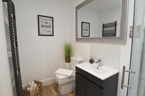 a bathroom with a sink and a toilet and a mirror at Cosy, Modern One Bedroom Apartment, Close to Train, City, Beach and Hospital Long Booking Welcome in Eastbourne