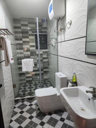 a bathroom with a toilet and a sink and a shower at Triple Tee Hotel & Service Apartments in Ikeja