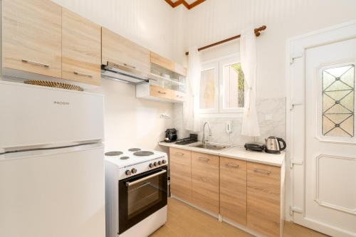 una cucina con elettrodomestici bianchi e armadietti in legno di Dionysia Sea Side By Greece Apartment a Selianitika
