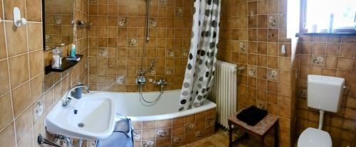 La salle de bains est pourvue d'un lavabo et d'une baignoire. dans l'établissement Möbliertes Zimmer, à Nuremberg