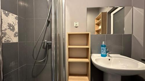 een badkamer met een douche, een wastafel en een douche bij S35 in Białystok