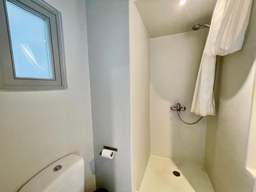 a small bathroom with a toilet and a window at AEGEAN WINGS MAISONETTE in Ioulida