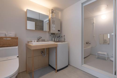 a bathroom with a sink and a toilet and a mirror at Adagio Hokkaido in Biei