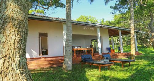 a patio of a house with a tree at Bluewind Resort in Tangalle