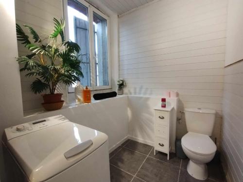 a white bathroom with a toilet and a window at Maison de campagne in Rieux-Minervois