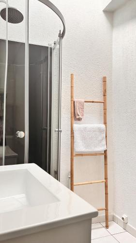 La salle de bains est pourvue d'une baignoire blanche et d'une échelle à côté d'une douche. dans l'établissement Le Duplexe Chaleureux T3, à Montauban