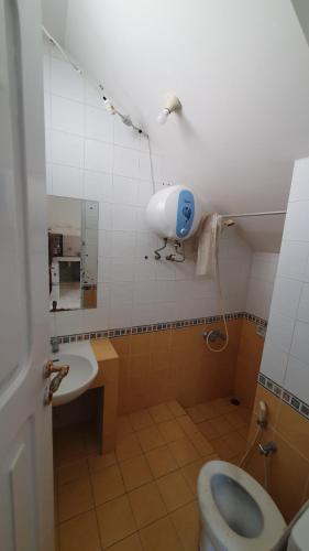 La salle de bains est pourvue de toilettes, d'un lavabo et d'un miroir. dans l'établissement Villa Panda N Kota Bunga Puncak, à Cikundul