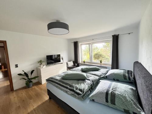 a bedroom with a bed and a tv and a window at Terrasse mit Ausblick in Biedenkopf