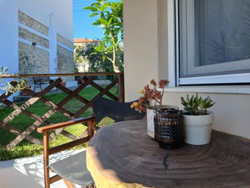 a round wooden table with plants on a porch at The Garden Studio in Kriopigi