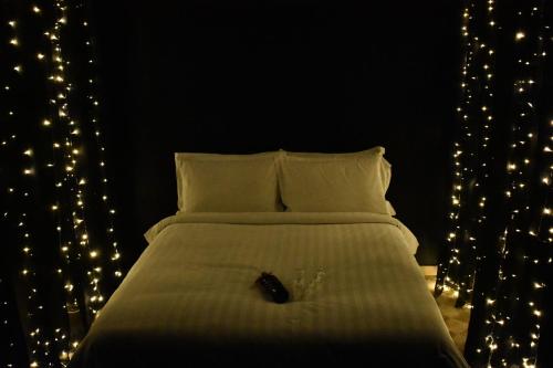 a bedroom with a bed with christmas lights at Sunjin Grand Hotel in Ulaanbaatar