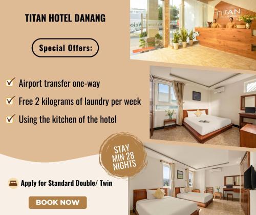 a collage of two pictures of a hotel room at Titan Hotel Da Nang in Da Nang