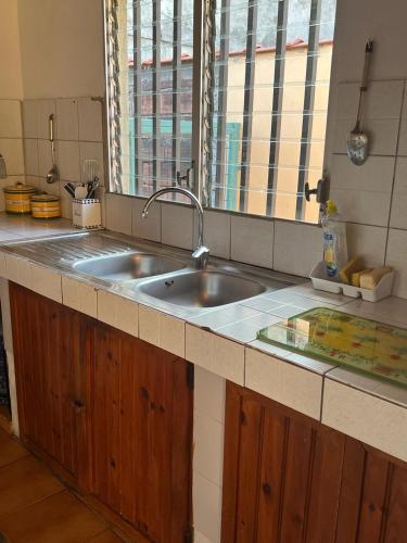 eine Küchentheke mit einem Waschbecken und einem Fenster in der Unterkunft Maison spiritaine in Saint Esprit