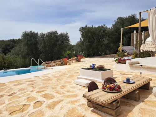een patio met een tafel en een zwembad bij Conibianchi in Ceglie Messapica
