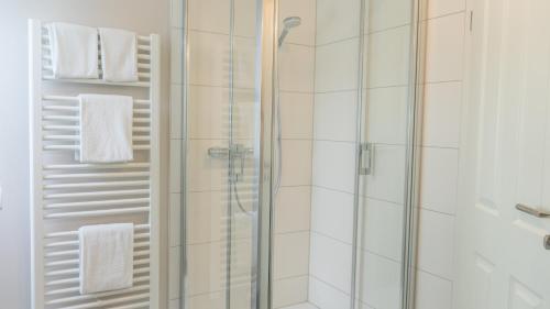 a bathroom with a shower with white tiles at Landgut Basthorst in Crivitz
