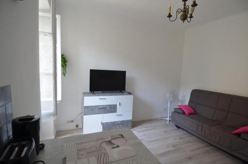 uma sala de estar com um sofá e uma televisão de ecrã plano em Superbe studio dans le quartier du port a 5min des lignes de tramway em Nice