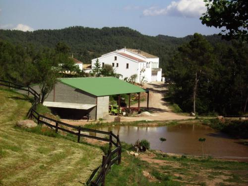 ein Gebäude mit einem grünen Dach neben einem Fluss in der Unterkunft Luxurious Cottage in Sant Salvador de Guardiola in Guardiola