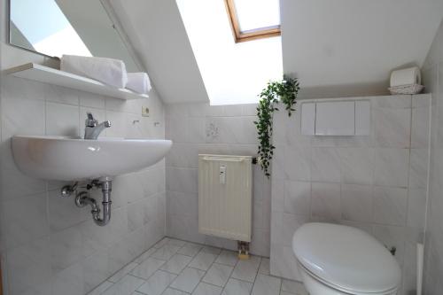 a white bathroom with a toilet and a sink at Landhaus Nockalm in Bad Kleinkirchheim