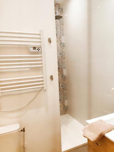 La salle de bains est pourvue d'une douche et de toilettes. dans l'établissement Le Cocon Stéphanois, à Saint-Étienne