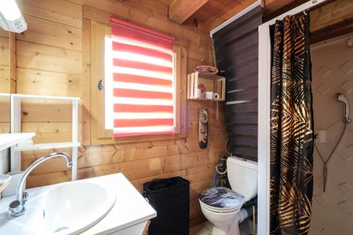 a bathroom with a toilet and a sink and a window at Le Chalet Boisé - Maison avec jardin clôturé in Montoldre