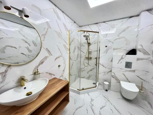 a bathroom with a sink and a shower at SILVER BALTIC in Kołobrzeg