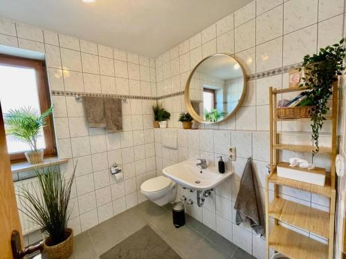 a bathroom with a sink and a toilet and a mirror at Alpentraum am Barmsee mit Garten in Krün