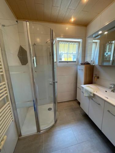 ein Bad mit einer Dusche und einem Waschbecken in der Unterkunft Appartements Sonnwies in Schladming