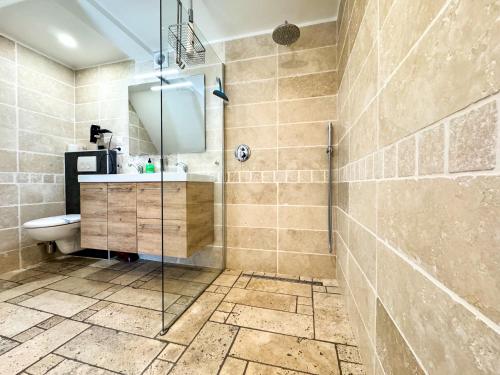 La salle de bains est pourvue d'une douche, de toilettes et d'un lavabo. dans l'établissement El balcón de Les Cyprès, à Enveitg