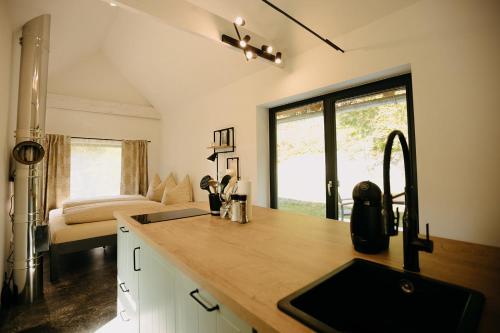 a kitchen with a counter and a sink in a room at Casetta Kathinka in Großklein