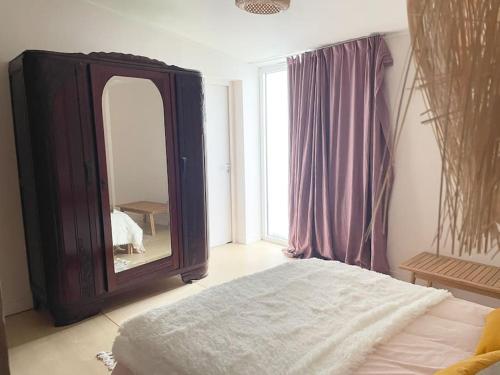 a bedroom with a large mirror and a bed at Maison T2 avec patio in La Rochelle