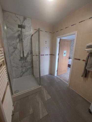 a bathroom with a shower with a glass door at Padley Farm in Bradfield
