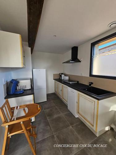 une cuisine avec un évier et un réfrigérateur dans l'établissement La P'tite Crume joli gîte à 5 min du Puy du Fou, à La Verrie