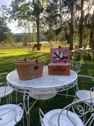 three baskets sitting on a table in the grass at La Roulotte deluxe de Malpas in Quingey